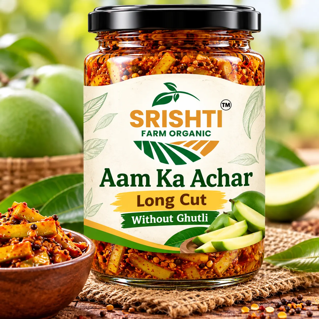 Srishti Farm Organic Aam Ka Achar Without Guthli, Long Cut Mango Pickle, Traditional Indian Spicy Mango Achar, Tangy and Masaledar Pickle, Authentic Indian Pickle for Daily Meals