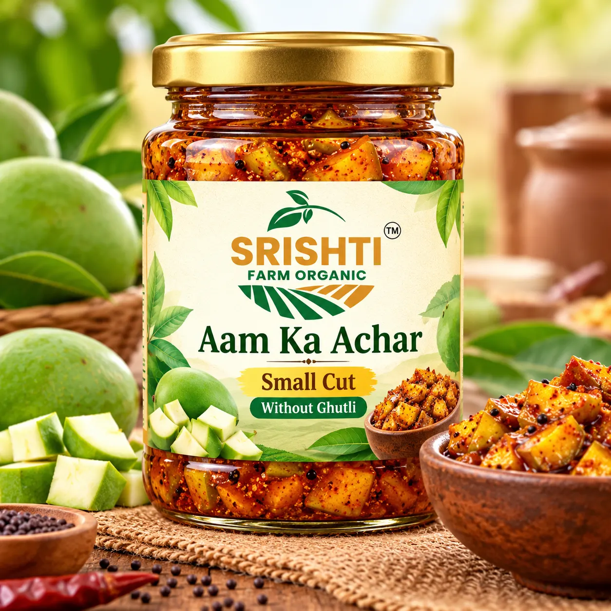 Srishti Farm Organic Aam Ka Achar Without Guthli, Small Cut Mango Pickle, Traditional Indian Spicy Aam Pickle, Tangy & Masaledar Mango Achar, Daily Meal Companion, Indian Homemade Style Pickle