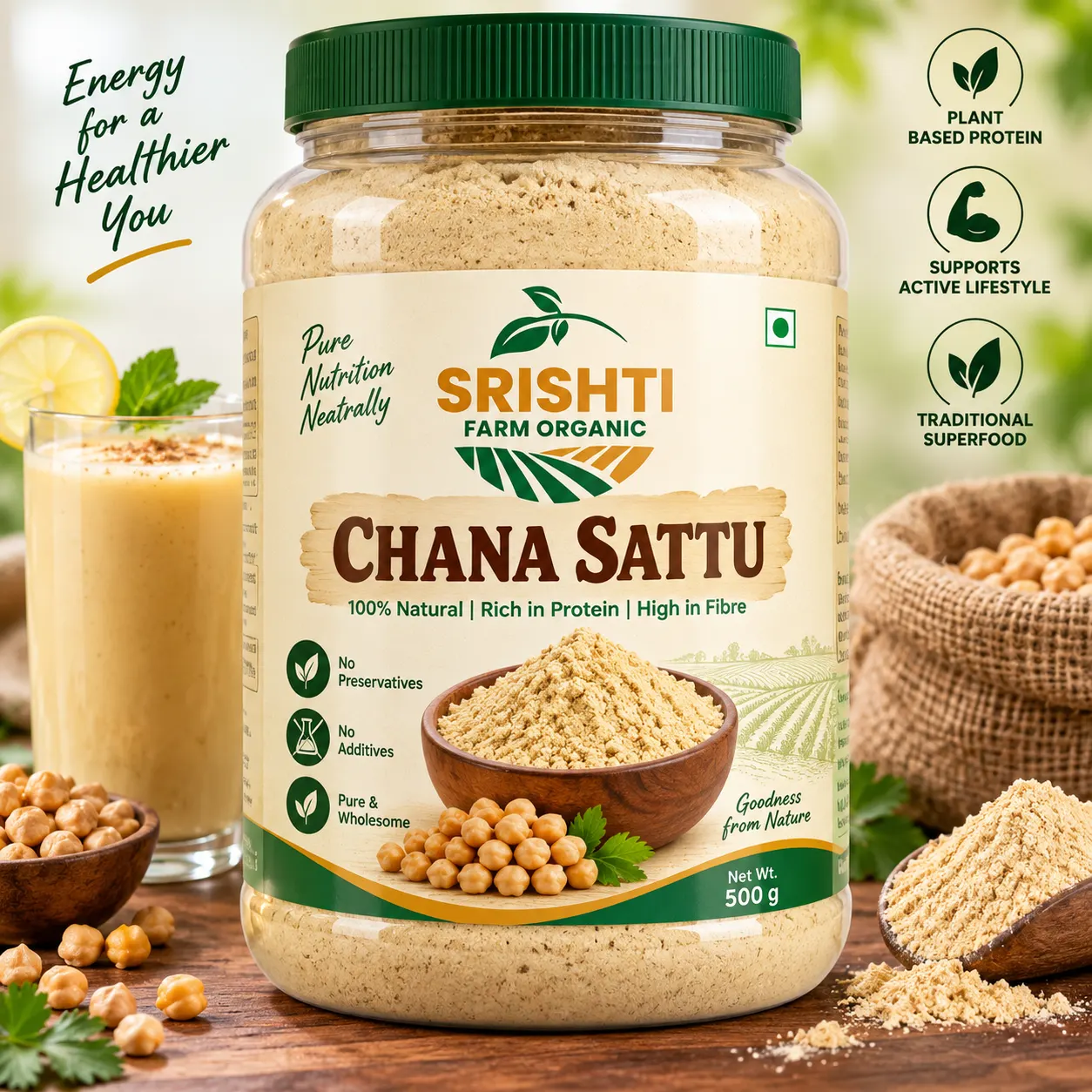 Srishti Farm Organic Chana Sattu Powder, Roasted Bengal Gram Flour, Traditional Indian Sattu for Sharbat, Summer Drink, Breakfast, Cooking and Everyday Use