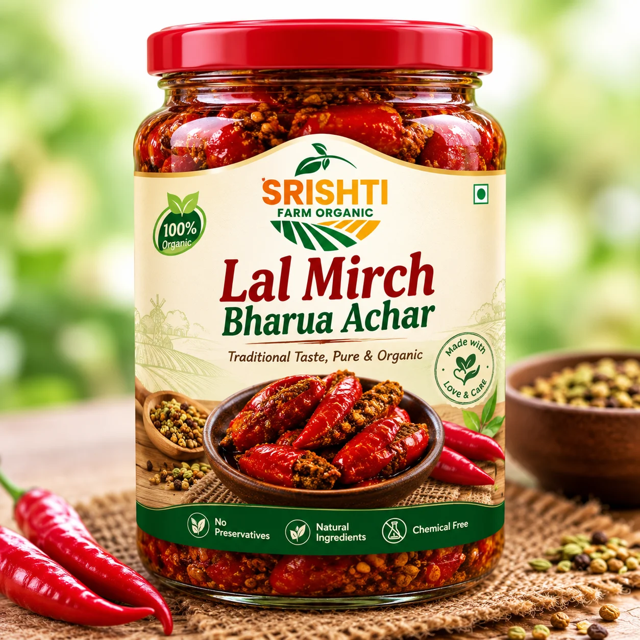 Srishti Farm Organic Lal Mirch Bharua Achar | Traditional Stuffed Red Chilli Pickle | Authentic Indian Spicy Taste