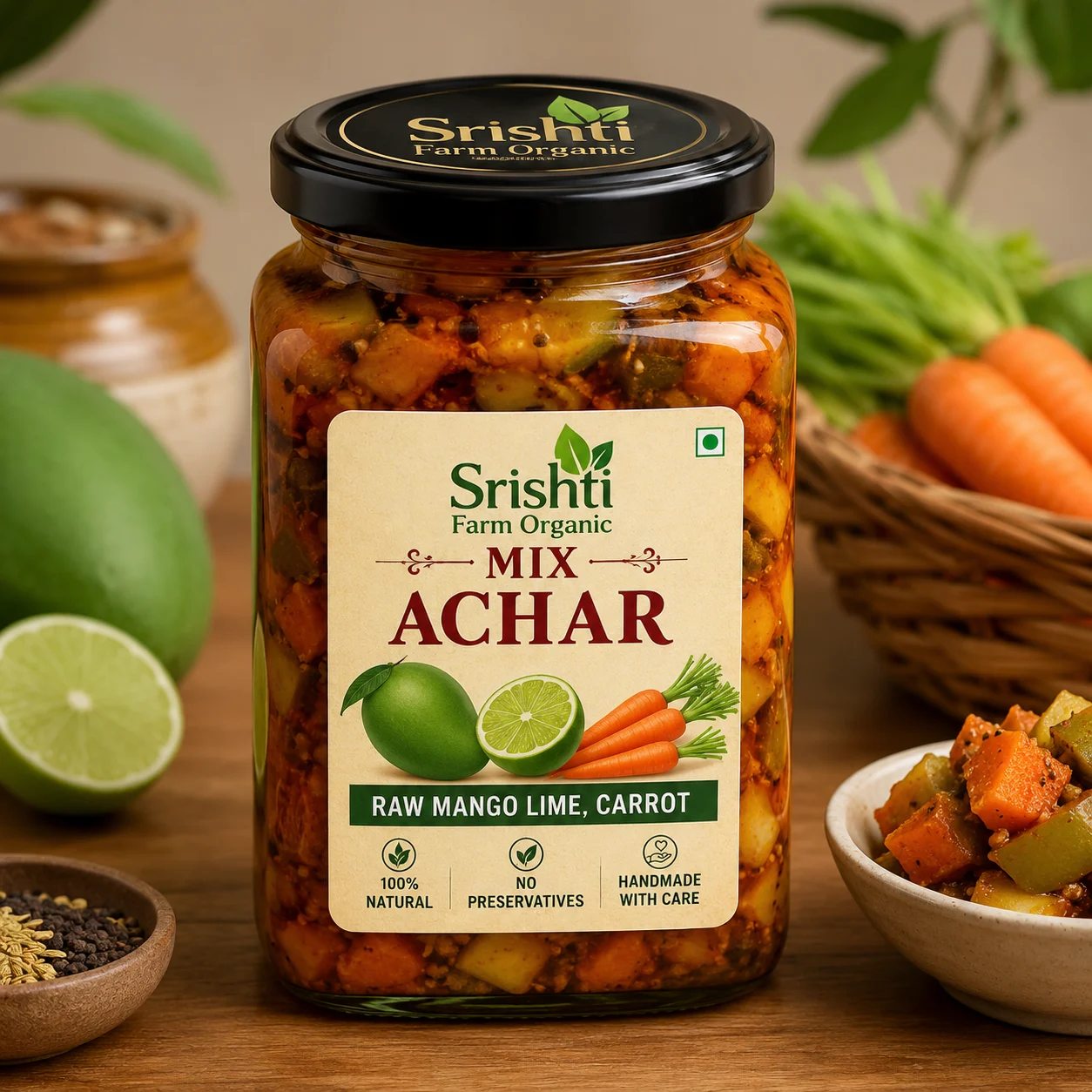 Srishti Farm Organic Mix Achar | Raw Mango, Lime & Carrot Mixed Pickle | Traditional Indian Spicy & Tangy Achar | Homemade Style Pickle | Tasty Meal Accompaniment for Daily Use | Perfect with Roti, Paratha, Dal Chawal & Everyday Meals.
