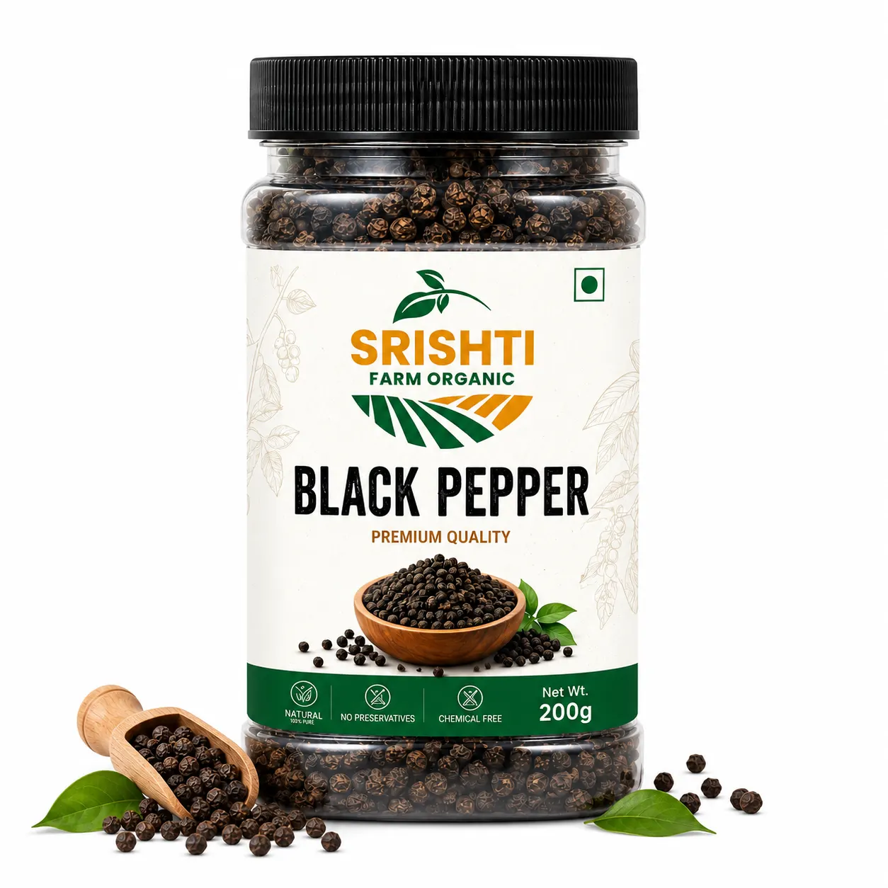 Srishti Farm Organic Black Pepper Whole Spice | Premium Quality Kali Mirch for Daily Cooking, Seasoning, Soups and Indian Recipes