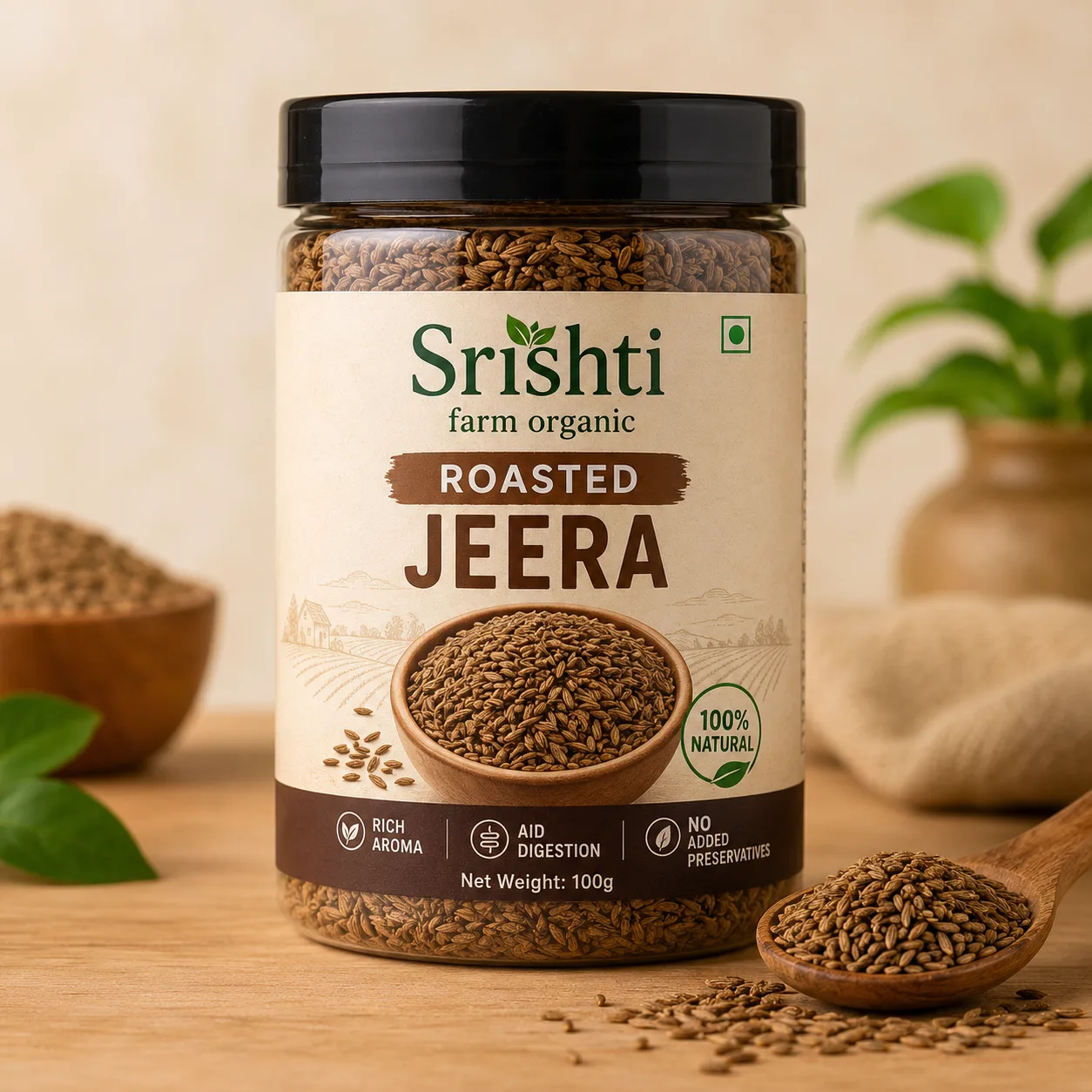 Srishti Farm Organic Roasted Jeera Whole Cumin Seedsâ€“ Premium Quality Natural Roasted Cumin for Indian Cooking
