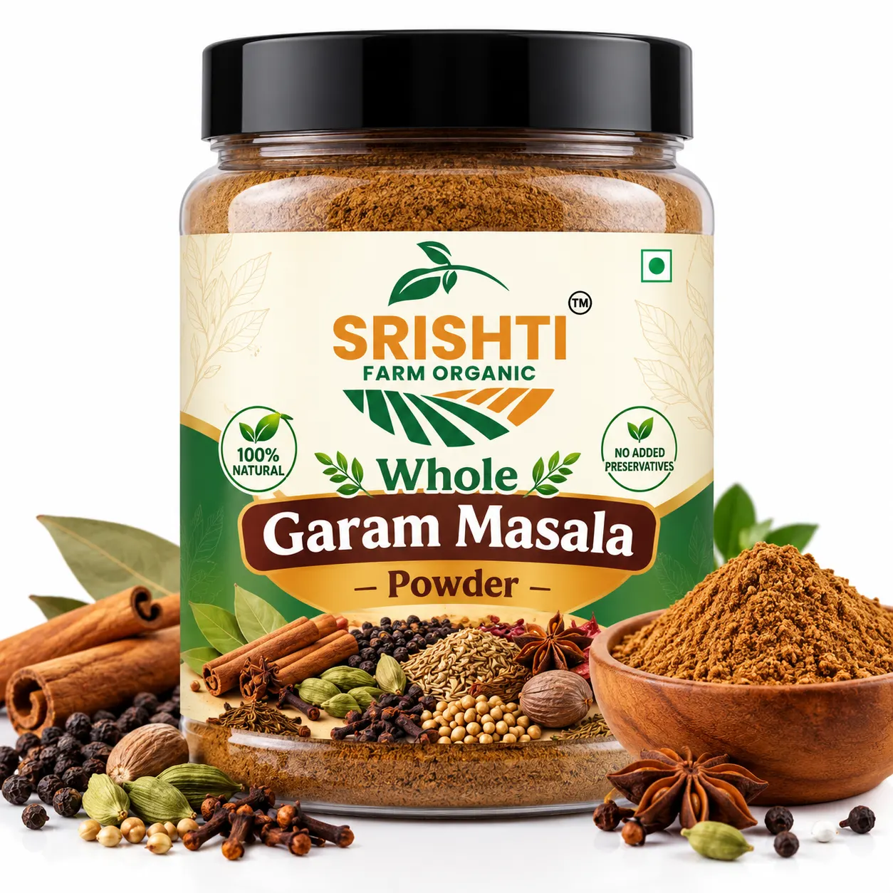 Srishti Farm Organic Whole Garam Masala Powder â€“ Premium Quality Aromatic Indian Spice Blend for Curry, Sabzi, Dal, Gravy and Daily Cooking