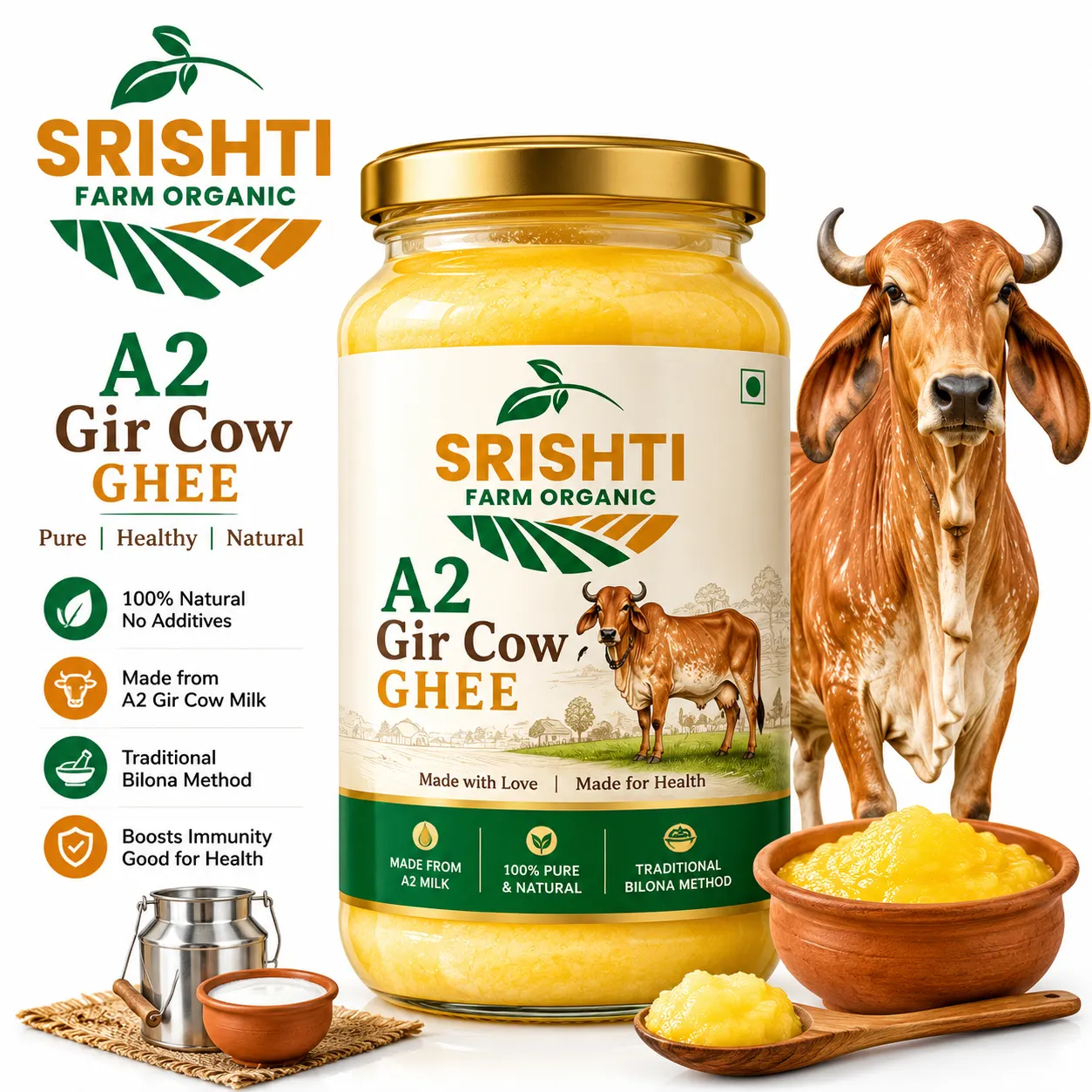 Srishti Farm Organic Certified  A2 Gir Cow Ghee | Traditional Bilona Method | Pure Desi Ghee for Daily Cooking