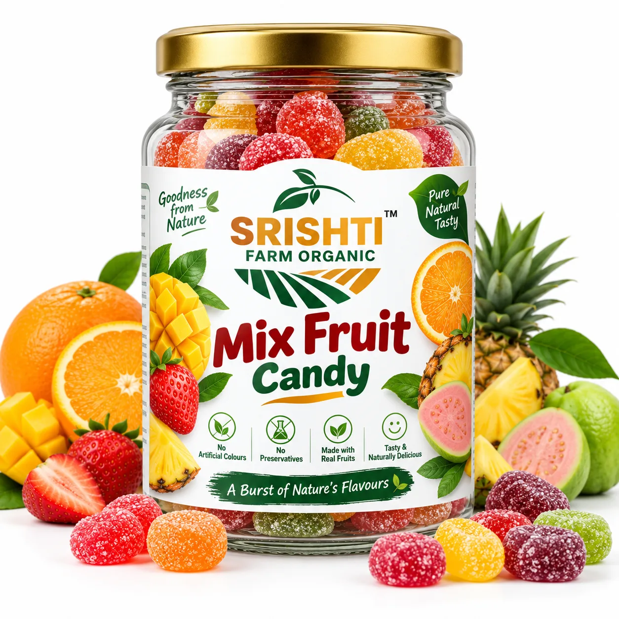 Srishti Farm Organic Mix Fruit Candy | Sweet & Tangy Mixed Fruit Flavoured Candy, Fruity Chewy Treat for Kids and Adults, Delicious Everyday Snack