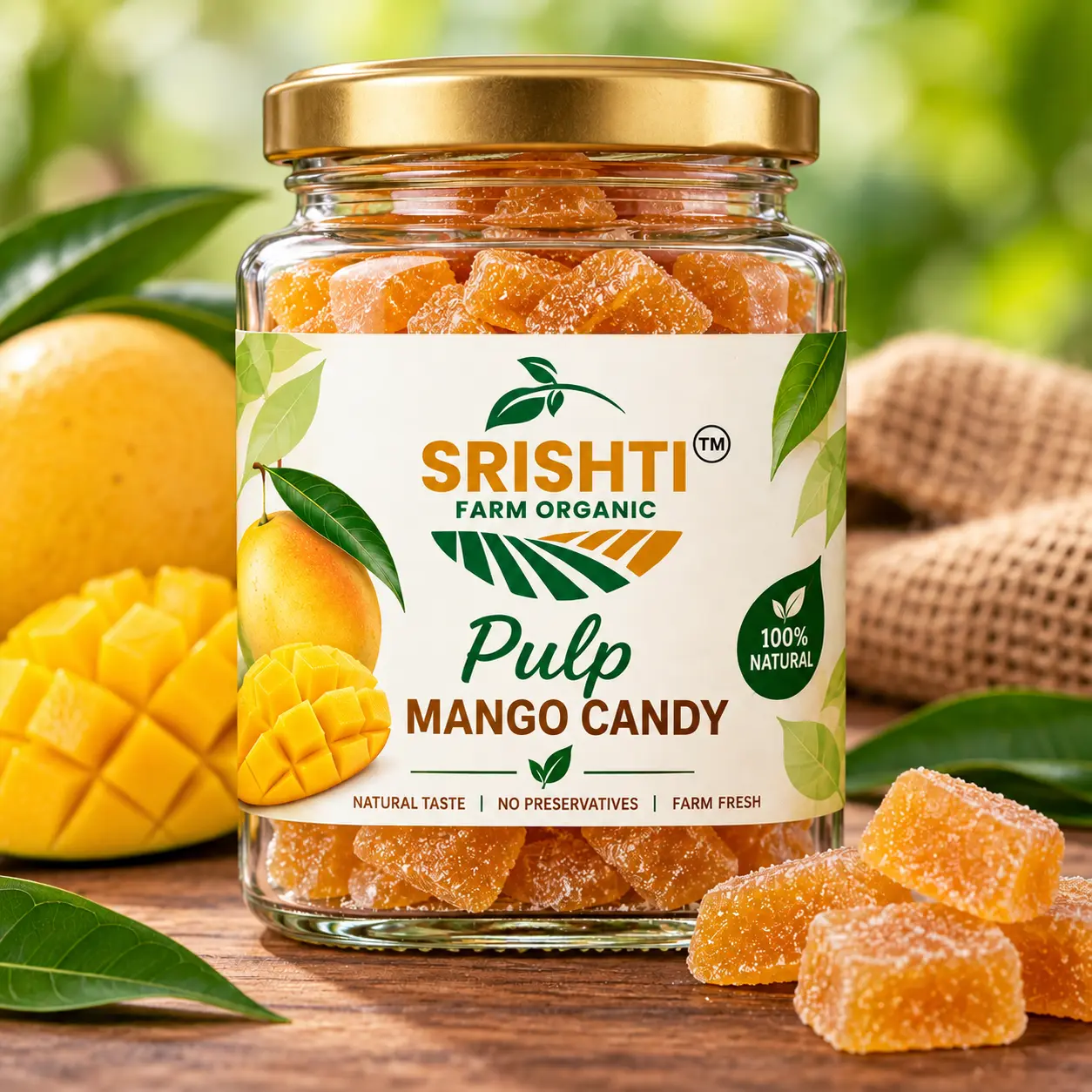 Srishti Farm Organic Pulp Mango Candy | Sweet & Tangy Mango Fruit Candy, Fruity Chewy Snack for Kids and Adults, Traditional Indian Sweet Treat for Everyday Snacking