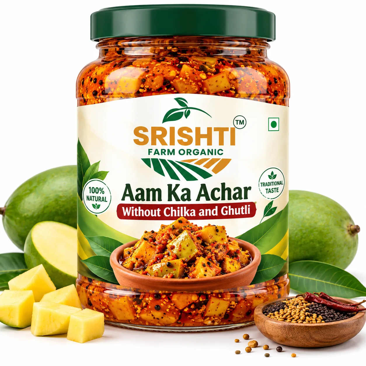 Srishti Farm Organic Aam Ka Achar Without Chilka and Guthli, Spicy Traditional Mango Pickle, Tangy Indian Aam Achar for Daily Meals