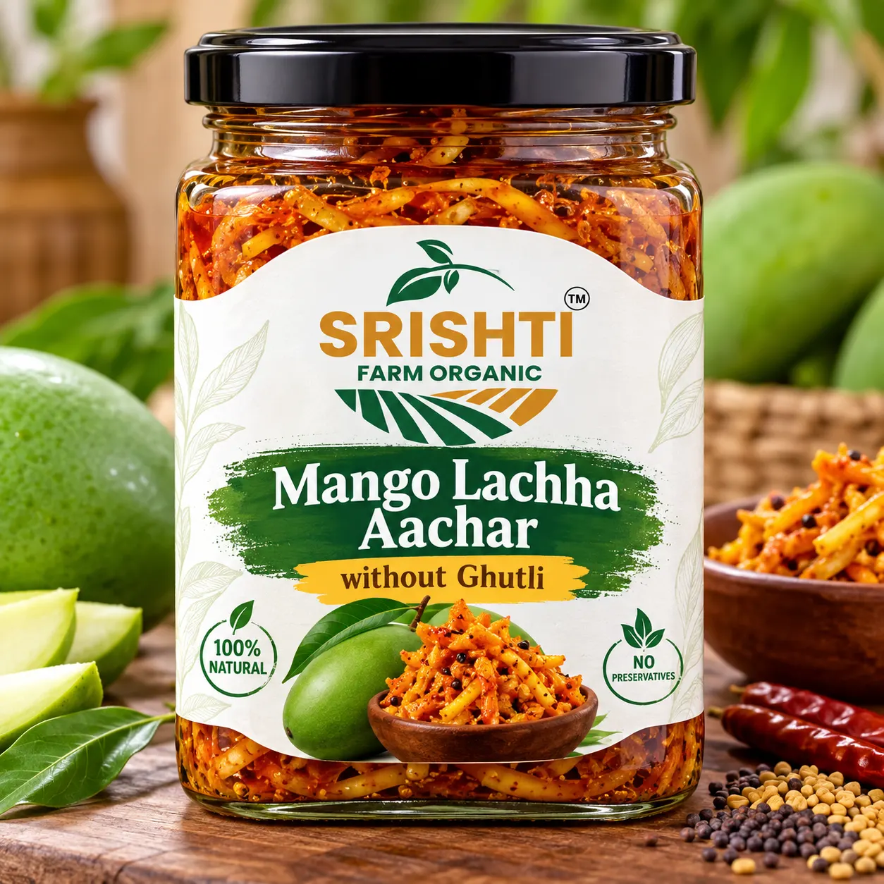 Srishti Farm Organic Mango Lachha Aachar Without Guthli, Spicy Tangy Raw Mango Pickle, Traditional Indian Aam Ka Achar, Long Cut Mango Pickle for Daily Lunch and Dinner Meals