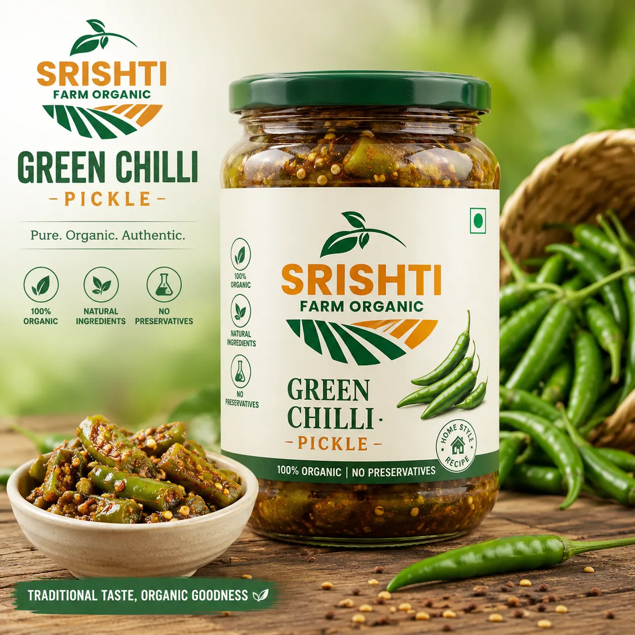 Srishti Farm Organic Green Chilli Pickle | Traditional Spicy Indian Mirchi Achar Copy Title