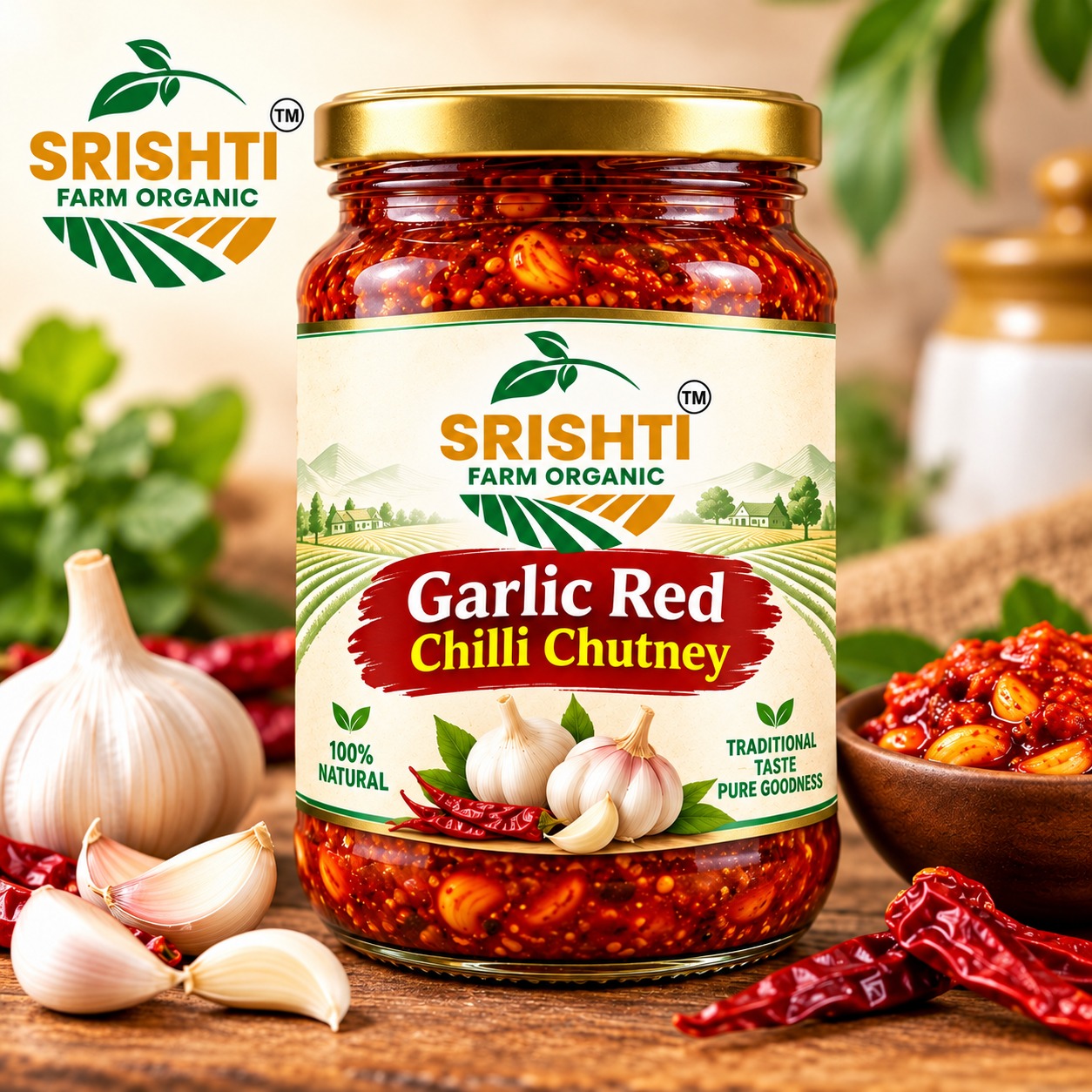 Srishti Farm Organic Garlic Red Chilli Chutney Spicy Lahsun Mirchi Chutney, Traditional Indian Condiment