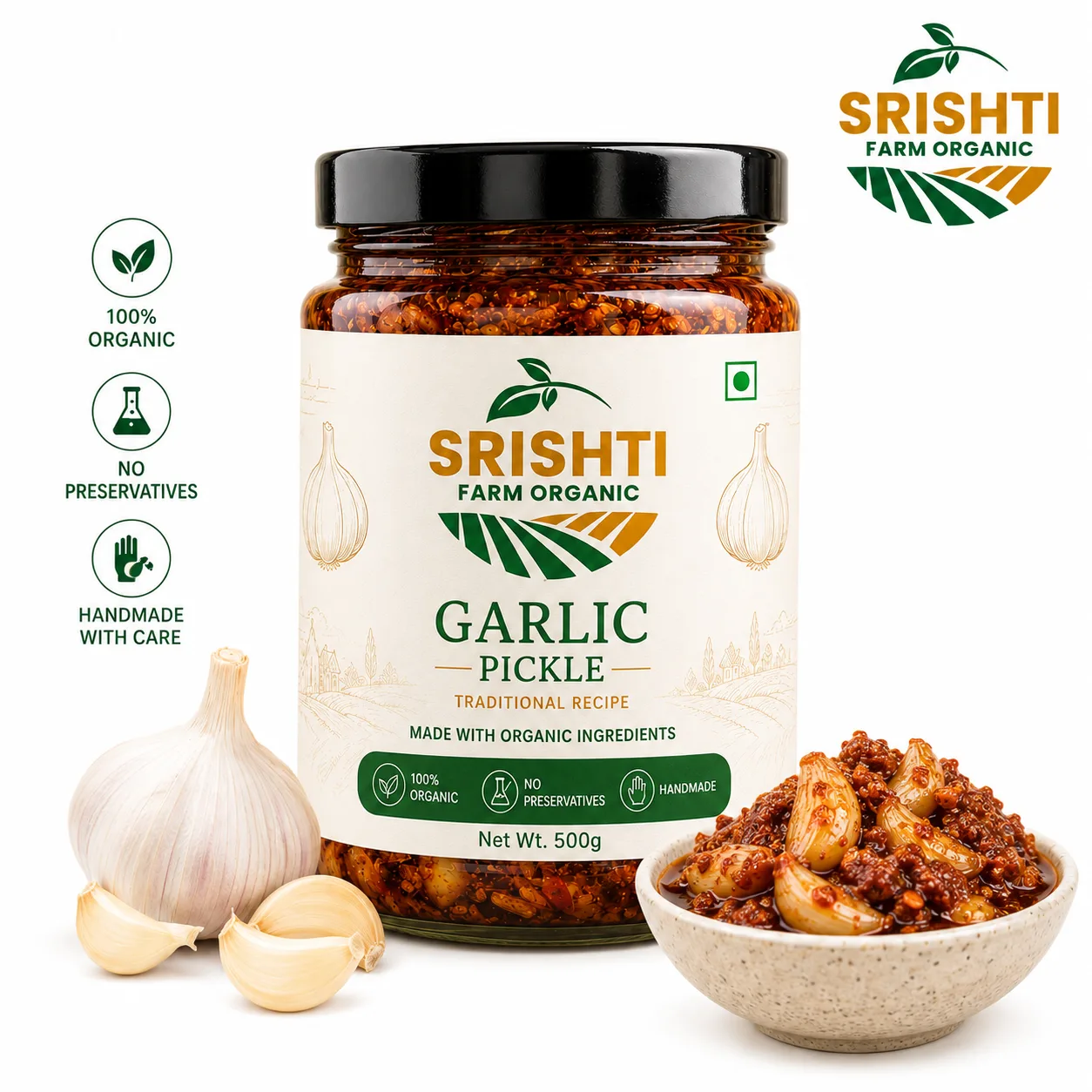 Srishti Farm Organic Garlic Pickle | Traditional Indian Lahsun Achar with Authentic Spices, Spicy and Tangy Flavour for Everyday Meals