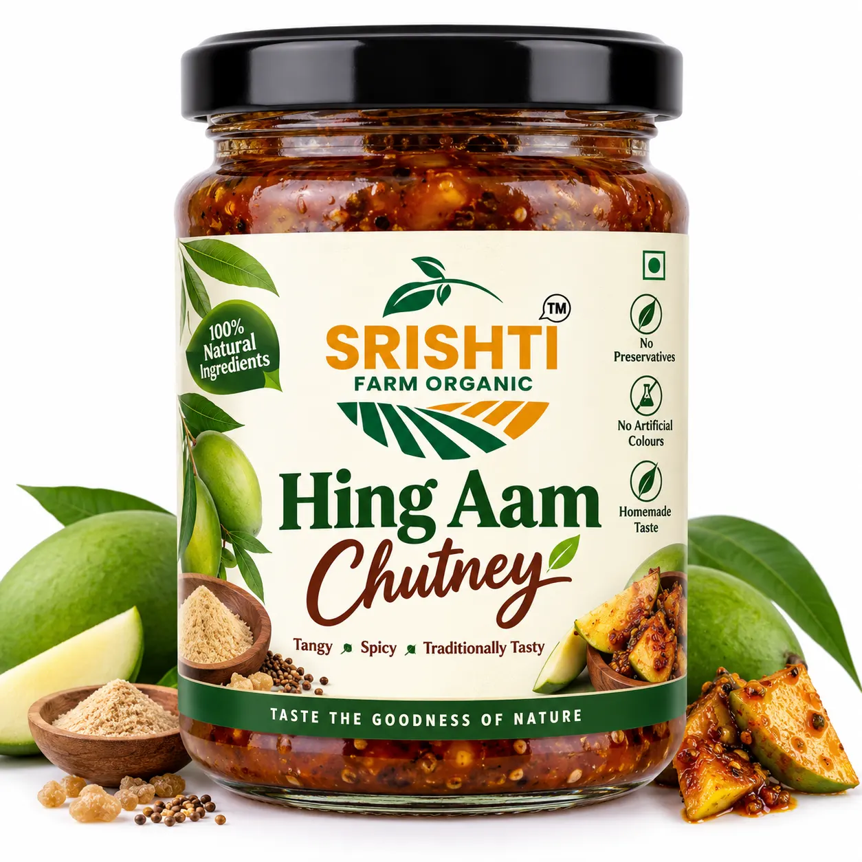 Srishti Farm Organic Hing Aam Chutney | Traditional Raw Mango Chutney with Asafoetida, Tangy and Spicy Indian Chutney for Everyday Meals