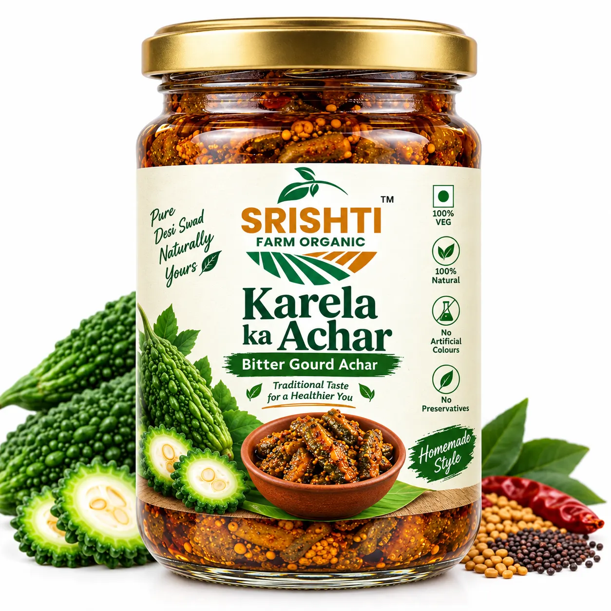 Srishti Farm Organic Karela Ka Achar | Traditional Bitter Gourd Pickle with Authentic Indian Spices, Tangy and Spicy Desi Achar for Everyday Meals